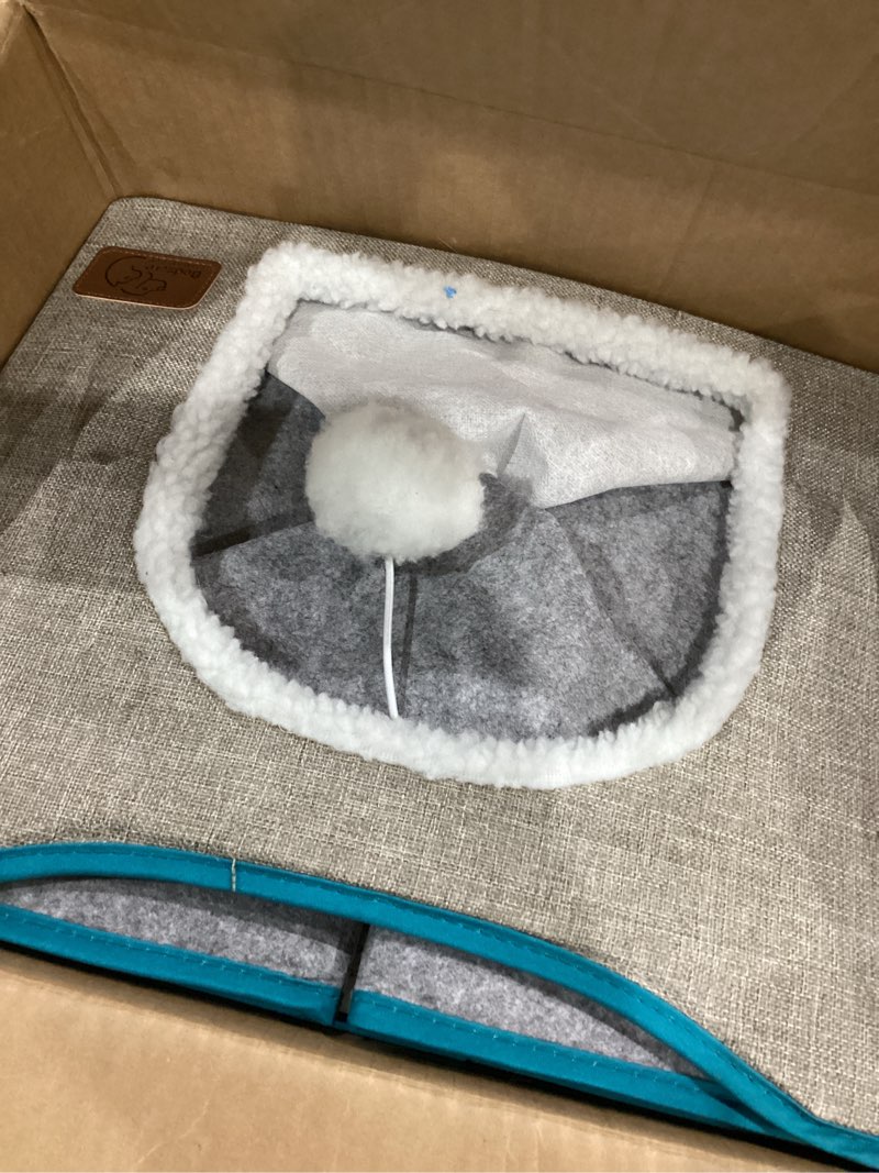 Condition photo showing Good Condition for Bedsure Cat Beds for Indoor Cats - Large Cat Cave for Pet Cat House with Fluffy Ball Hanging and Scratch Pad, Foldable Cat Hideaway, 16.5x16.5x13 inches, Grey Grey Single