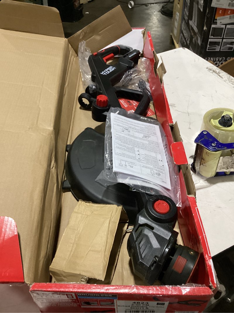 Condition photo showing As Is for hyper tough 12" 20v brushless cordless string trimmer with 20v max 2.0ah battery and charging cable