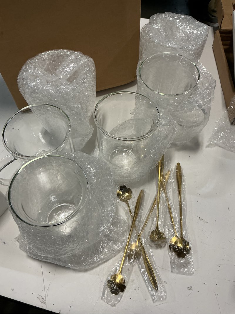 Condition photo showing New/Like New for Gejoy 6 Sets Double Wall Glass Coffee Mugs with Spoon Insulated Clear Coffee Mug with Handle Borosilicate Glass Coffee Cups Latte Cup for Cappuccino, Tea, Latte, Espresso, Hot Beverage(16 OZ)