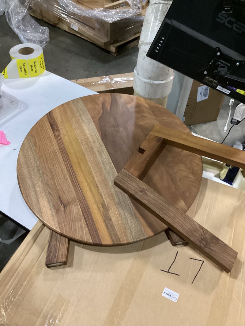 Condition photo showing Good Condition for forest elf walnut round coffee table - coffee tables for living room - side table wooden - circle accent tables - home decor furniture for, bedroom, dining room - houswarming gifts - small