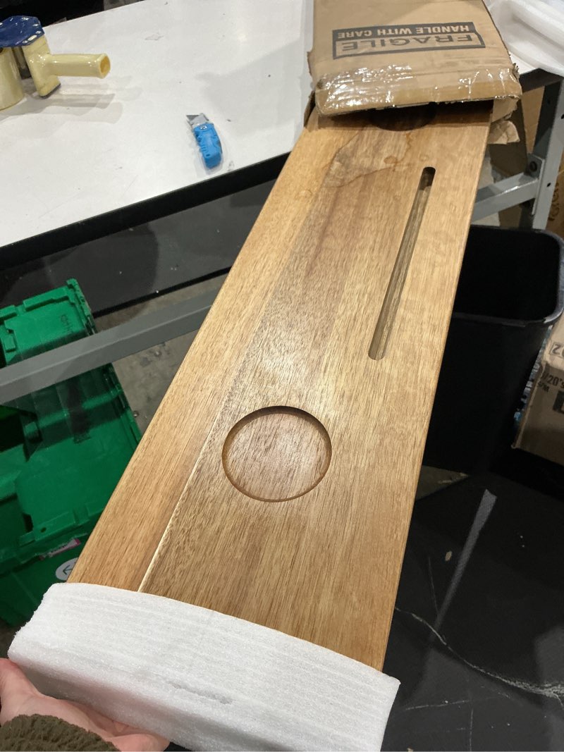 Condition photo showing As Is for premium nature shed bathtub tray for freestanding bath | large & thick 35” acacia wood luxury bath tray for tub | anti-tip, non-toxic, adjustable bathtub trays for tub with bathroom accessories holder long (35x9x2.4 in)