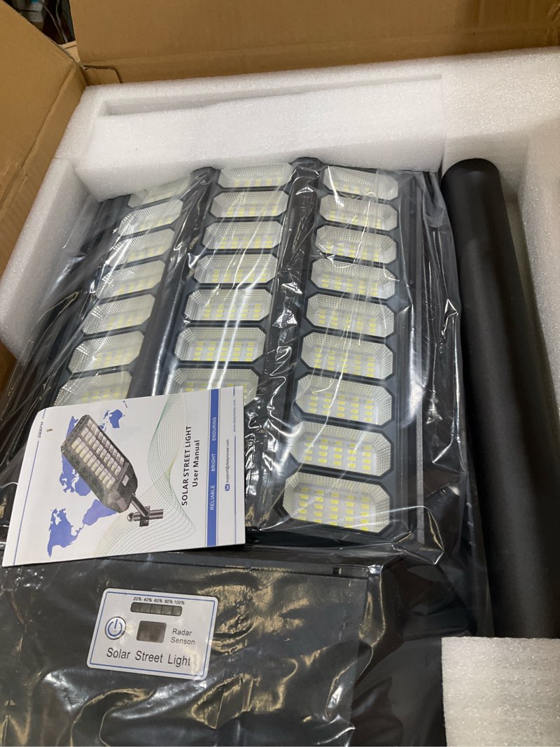 Condition photo showing New/Like New for Deepn Solar Street Light, Commercial Grade Solar Lights Outdoor IP67 Waterproof, 8700W LED Flood Security Lights Motion Sensor & Dusk to Dawn Outdoor Lighting for Parking Lots, Streets & Yard, 2 Pack