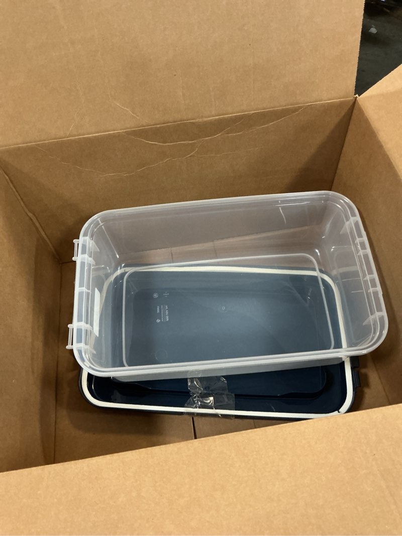 Condition photo showing As Is for IRIS USA Airtight Dog Food Storage Container, Up to 14 lbs, Dog Cat Bird and Other Pet Food Treats Storage Bin, Dog Cat Wet Food Cans, Keep Fresh, BPA Free, Stackable, Navy