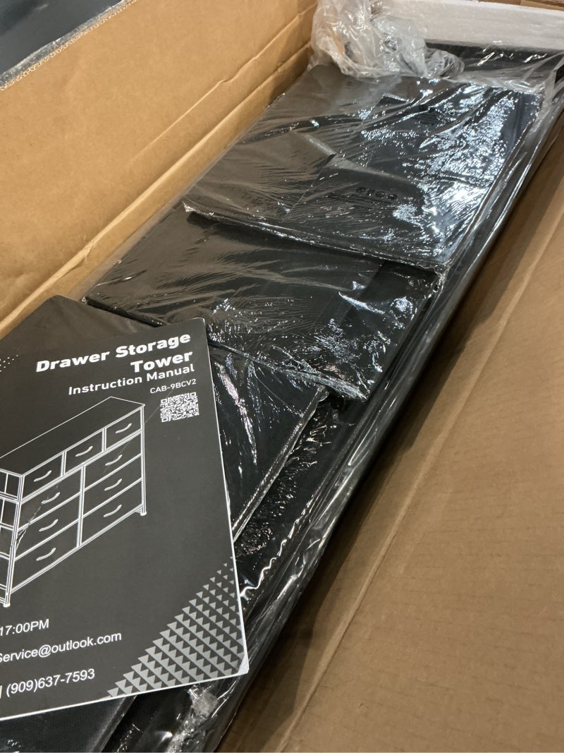 Condition photo showing Good Condition for Dresser for Bedroom with 9 Drawers, Anti-Tip Tall Fabric Chests Storage Organizer Tower Furniture with Wooden Top Metal Frame for Clothes, Closet, Living Room, Hallway, Entryway Black 11.8"D x 39.4"W x 40"H (9 Drawers)