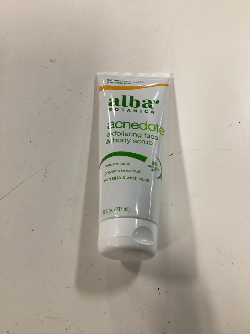 Condition photo showing As Is for alba botanica acnedote face & body scrub, maximum strength 8 oz (pack of 6)