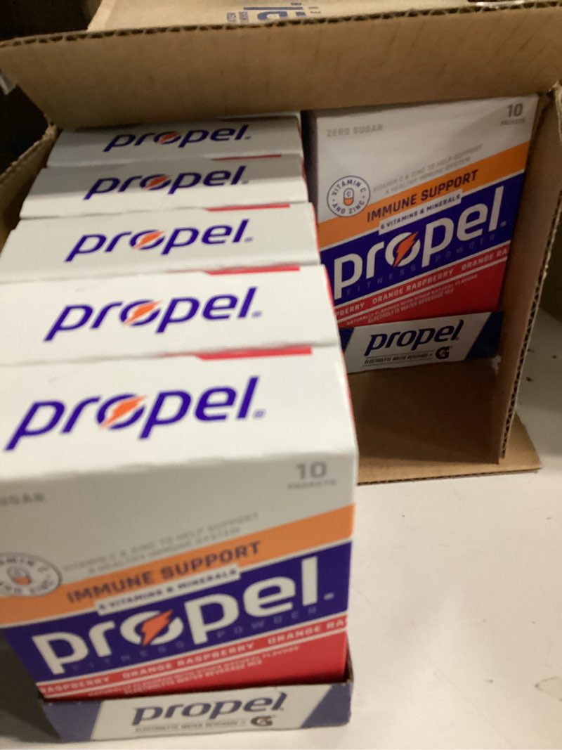 Condition photo showing New/Like New for (Best by:Aug/24/26) Propel Immune Support Electrolyte Enhanced Water Drink Mix Powder Packets, Orange Raspberry, 100% DV Vitamin C, Good source of Zinc, Zero Sugar Hydration with Electrolytes and Vitamins (120 Packets) Orange Raspberry Immune 2.5 G (Pack of 120)