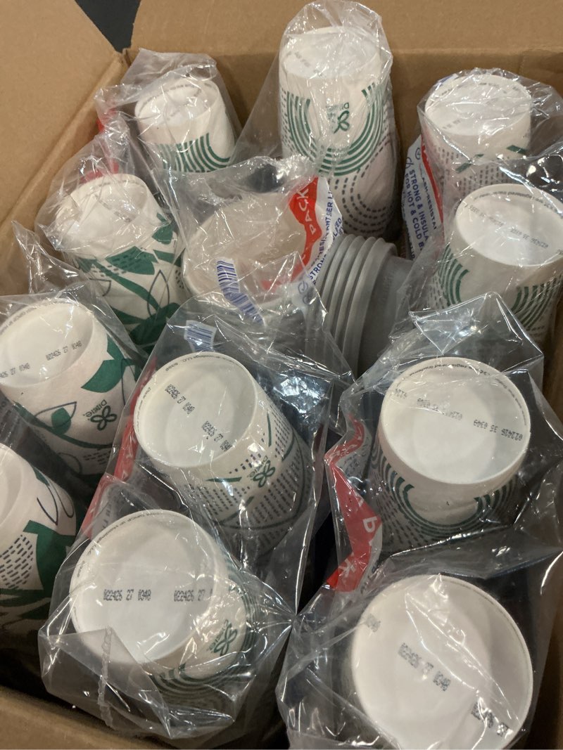 Condition photo showing As Is for dixie to go paper coffee cups with lids, 16 oz, 108 count (6 packs of 18 cups), disposable insulated paper cups for on-the-go hot or cold beverages