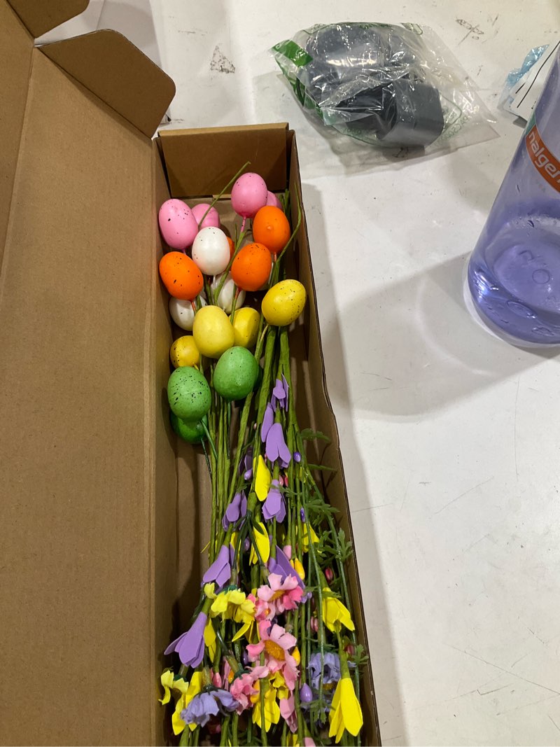 Condition photo showing Good Condition for floralelegance artificial easter flowers with eggs 10 pack easter floral picks 17 inch forsythia flowers with colorful eggs for springtime holidays vases flower arrangements centerpieces