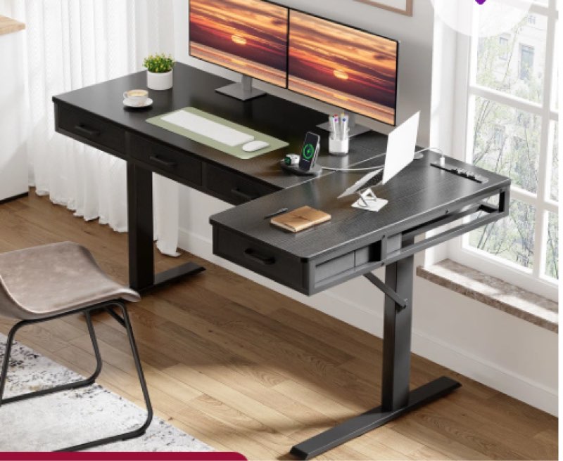 electric standing desk with 4 under-desk drawers, height-adjustable desk with built-in power outlets,standing desk with reversible structure,home office desk with hidden desk-mounted cable management tray