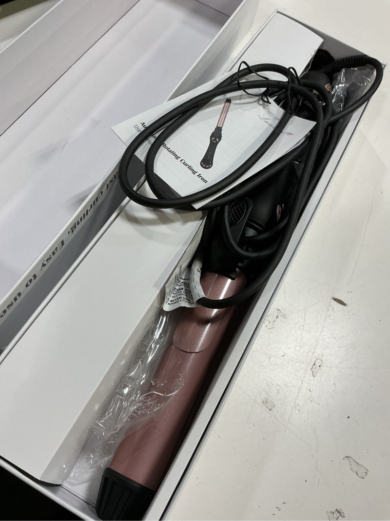 Condition photo showing As Is for new version lanvier rotating curling iron 1.25 inch automatic curling wand for waves; tourmaline ceramic self curler with 2 rotating speed, 11 adjustable temperature & dual voltage for worldwide use 1.25 inch rose gold