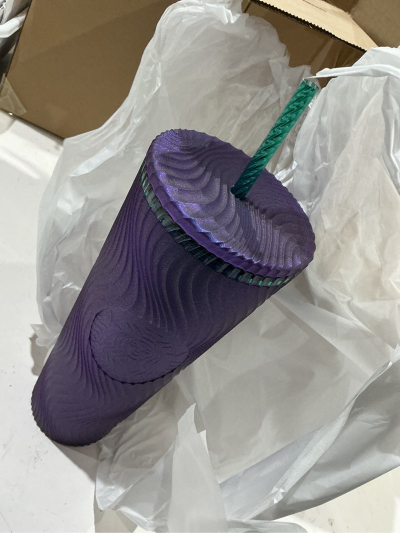 Condition photo showing New/Like New for pack of 4 starbucks wavy plastic cold cup, 24 oz, reusable tumbler with straw and lid, textured wave design, bpa-free, purple with embossed siren logo(pack of 4)