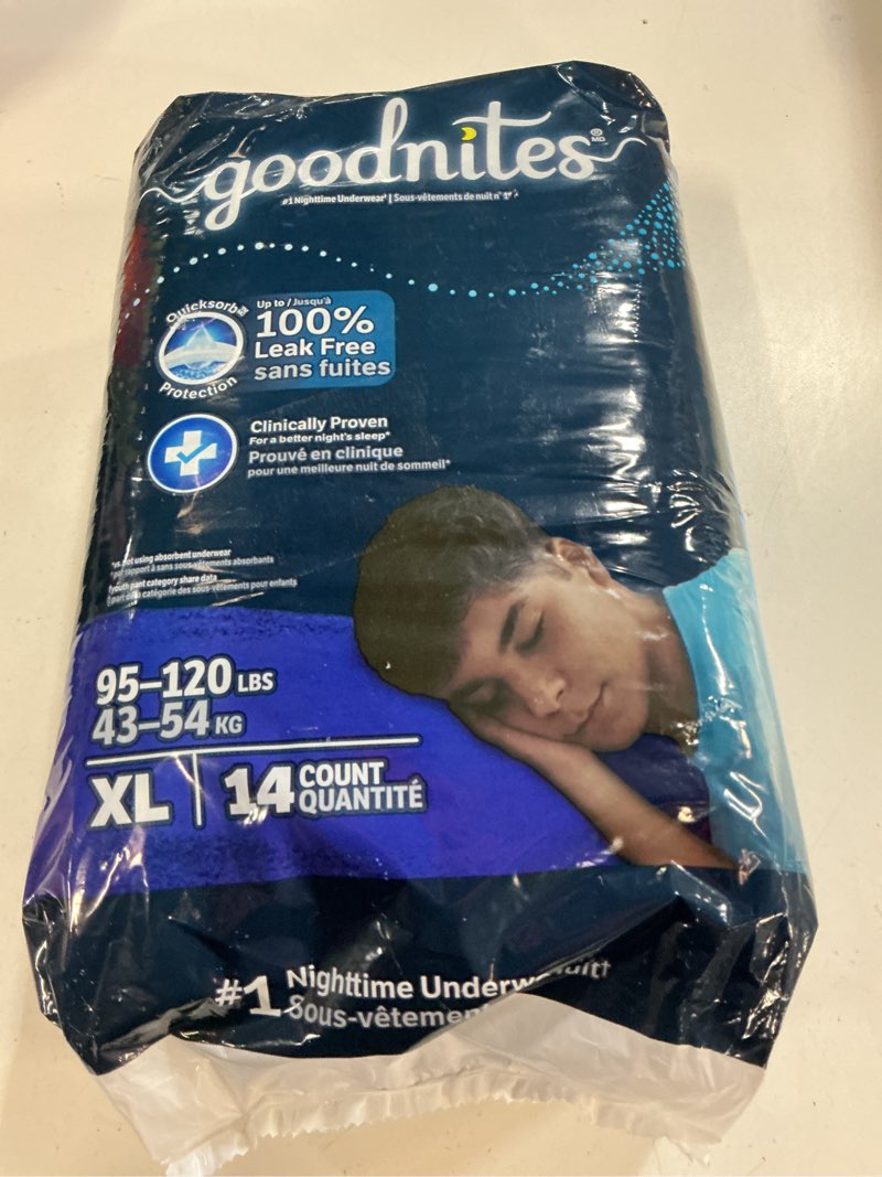 Condition photo showing New/Like New for goodnites boys' nighttime bedwetting underwear, size extra large (95-120 lbs), 28 ct (2 packs of 14), packaging may vary x-large 28