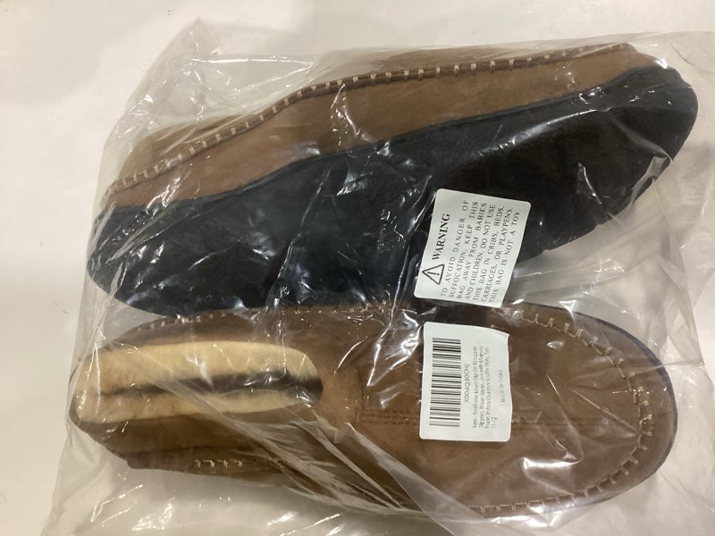 Condition photo showing Good Condition for Men’s Slip-On Moccasin Slippers, Warm Winter Microsuede House Shoes with Memory Foam, Indoor and Outdoor Loafer Style 11-12 Tan