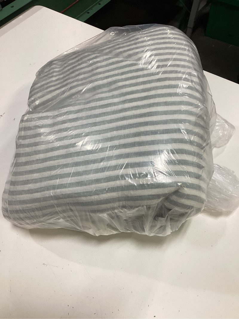 Condition photo showing As Is for quince european linen deluxe bedding bundle, queen, mist/white stripe