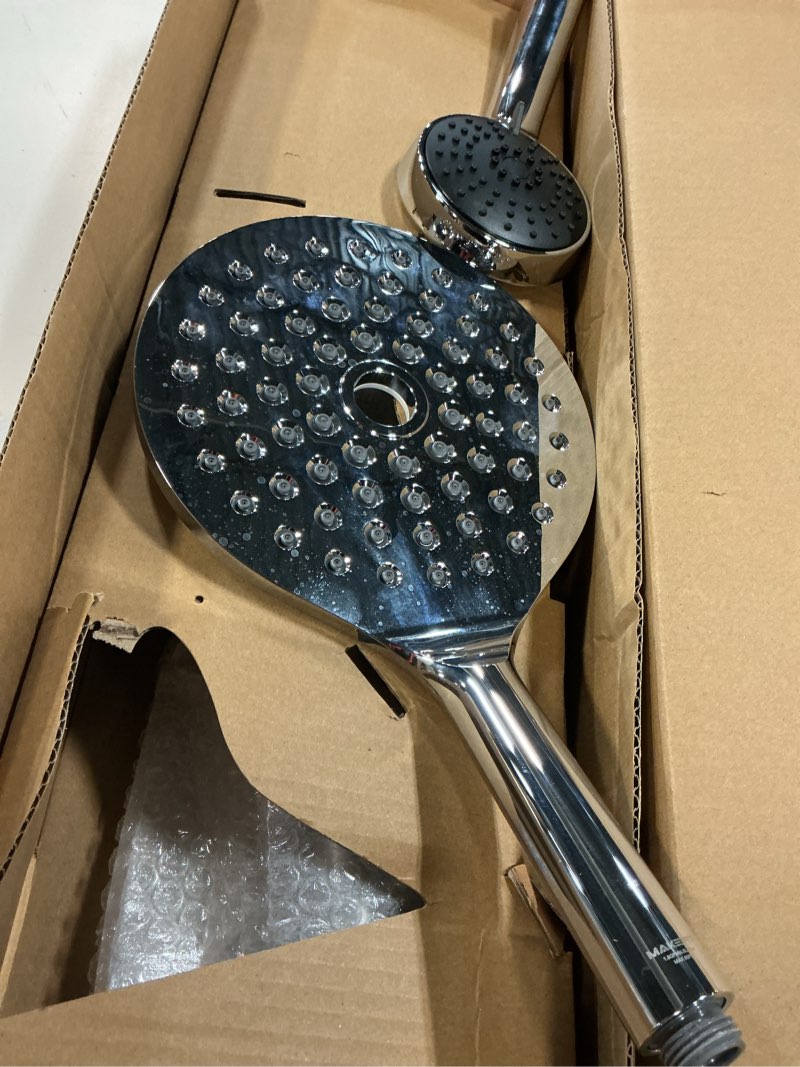 Condition photo showing As Is for high pressure shower head with handheld shower, 26" adjustable height drill-free slide bar, 3-way diverter for easy reach, dual shower head combo set with 5ft hose - chrome