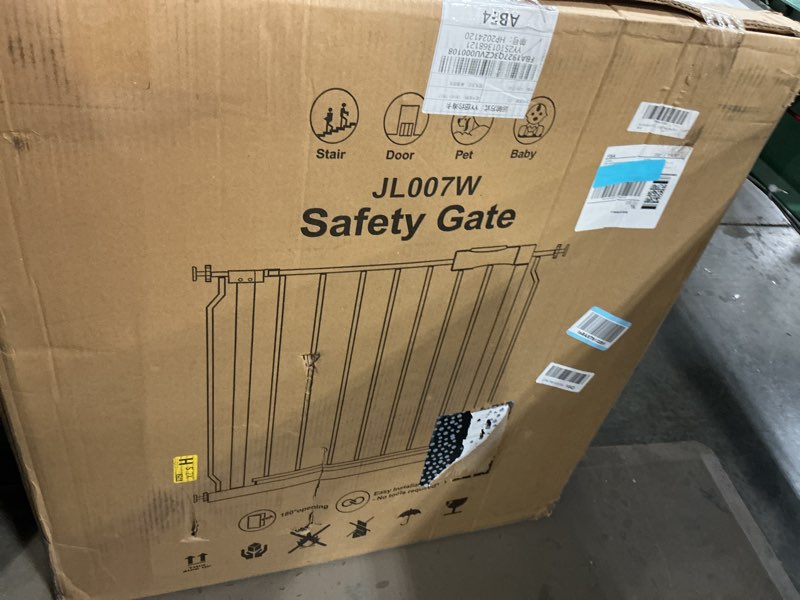 Condition photo showing As Is for extra wide baby gate 66.9-71.65 pressure mounted,child dog pet safety gates with walk through door for doorways stairs no drilling in door,white 66.9-71.65inch
