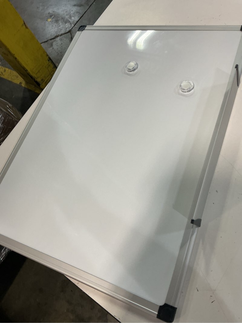 Condition photo showing As Is for 24 x 18 write-on board, wall mount, dry erase, magnetic, utensil tray – white