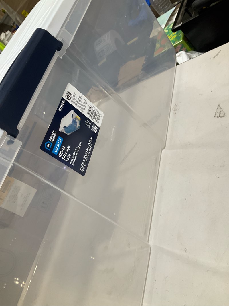 Condition photo showing As Is for project source x-large 25-gallons (100-quart) clear, white tote with latching lid