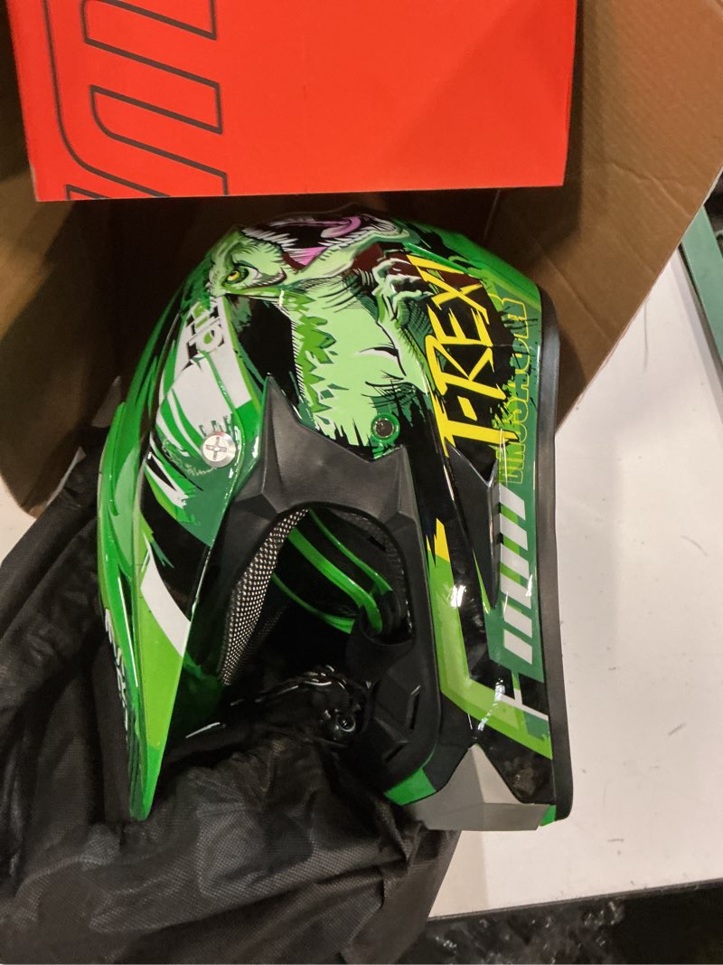 Condition photo showing As Is for dot youth dirt bike helmet with goggles & gloves for 5-14 years old, youth atv helmets for youth boys girls, four wheeler helmet, motocross bmx mx utv offroad street go kart dirt bike race car small dino green