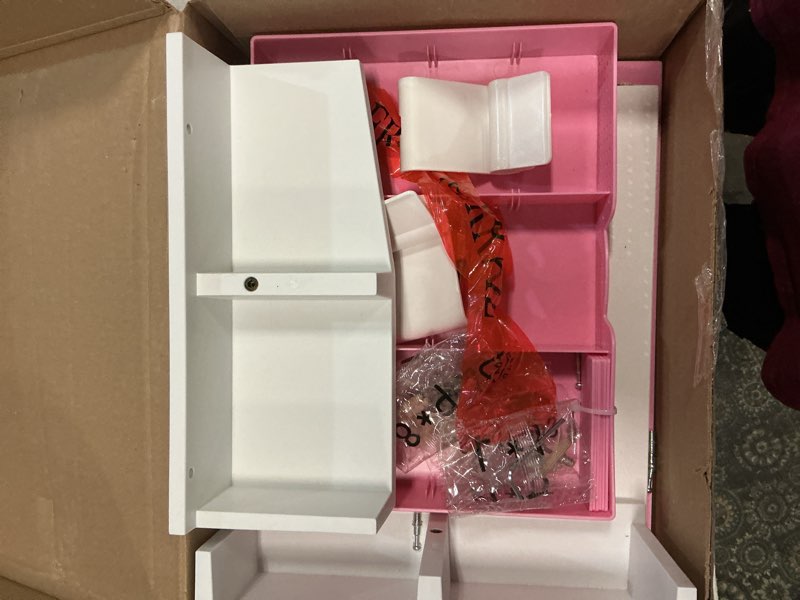 Condition photo showing New/Like New for simple houseware desk dual monitor stand riser with drawer, pink