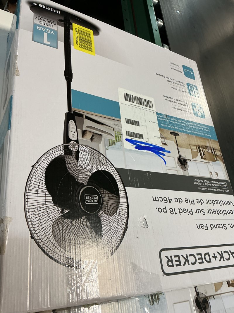 Condition photo showing As Is for black+decker 18" oscillating stand fan with remote control black: adjustable height, 3 speeds, etl listed