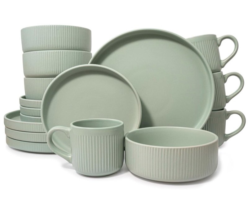 16 piece dinnerware set key west - plates, bowls, and mugs set for 4 - chip and scratch resistant, microwave and dishwasher safe tableware, 16 pieces ribbed dishes