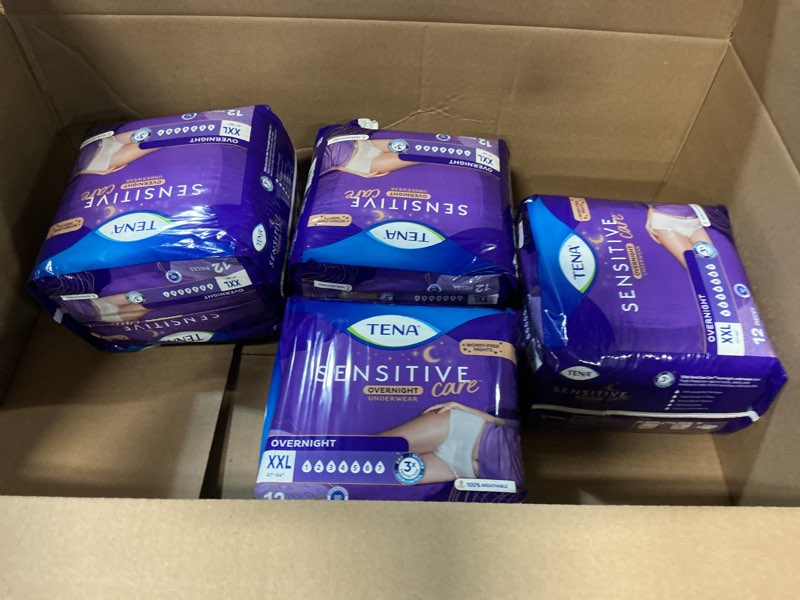 Condition photo showing New/Like New for ((size 2x-large ))tena sensitive care overnight incontinence underwear for women, bladder control and postpartum, 48 count (waist size 47in-66in)