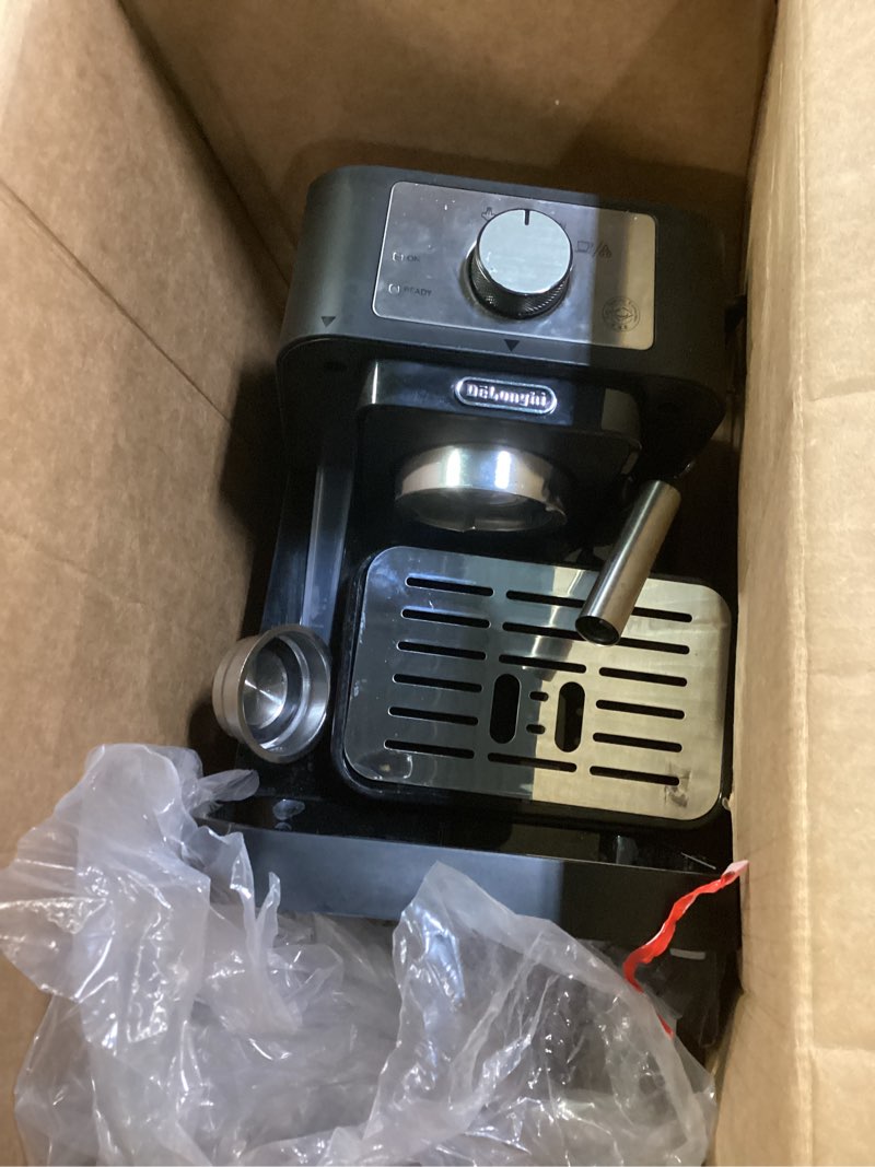 Condition photo showing As Is for de'longhi stilosa manual espresso machine, compact coffee maker, 15 bar pump pressure, manual milk frother steam wand for authentic single & double espresso, lattes & cappuccinos, tamper included stliosa espresso machine