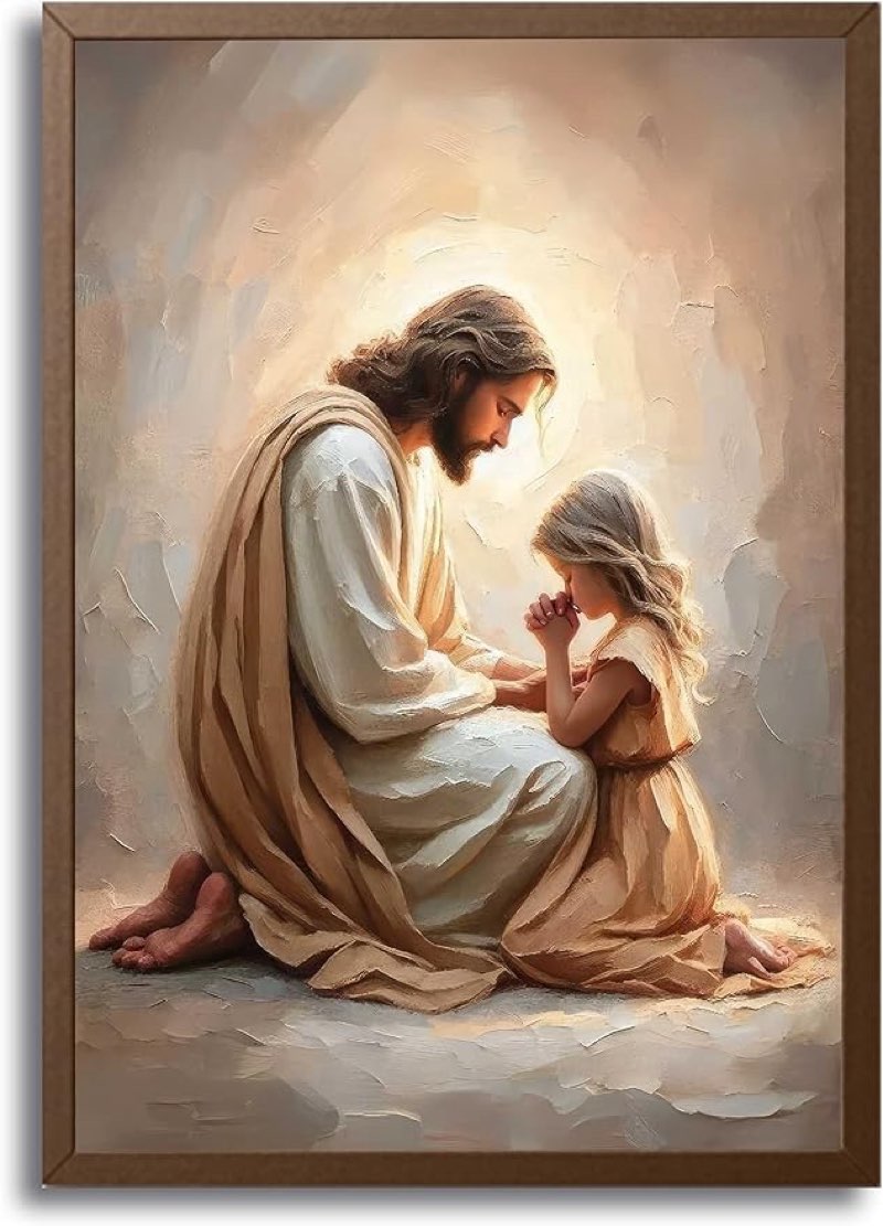 Jesus Praying with Girl Wall Art Christian Canvas Paintings Jesus with Children Wall Decor Religious Bible Story Posters Prints for Living Bedroom Room Church Home Pictures Decoration Unframe