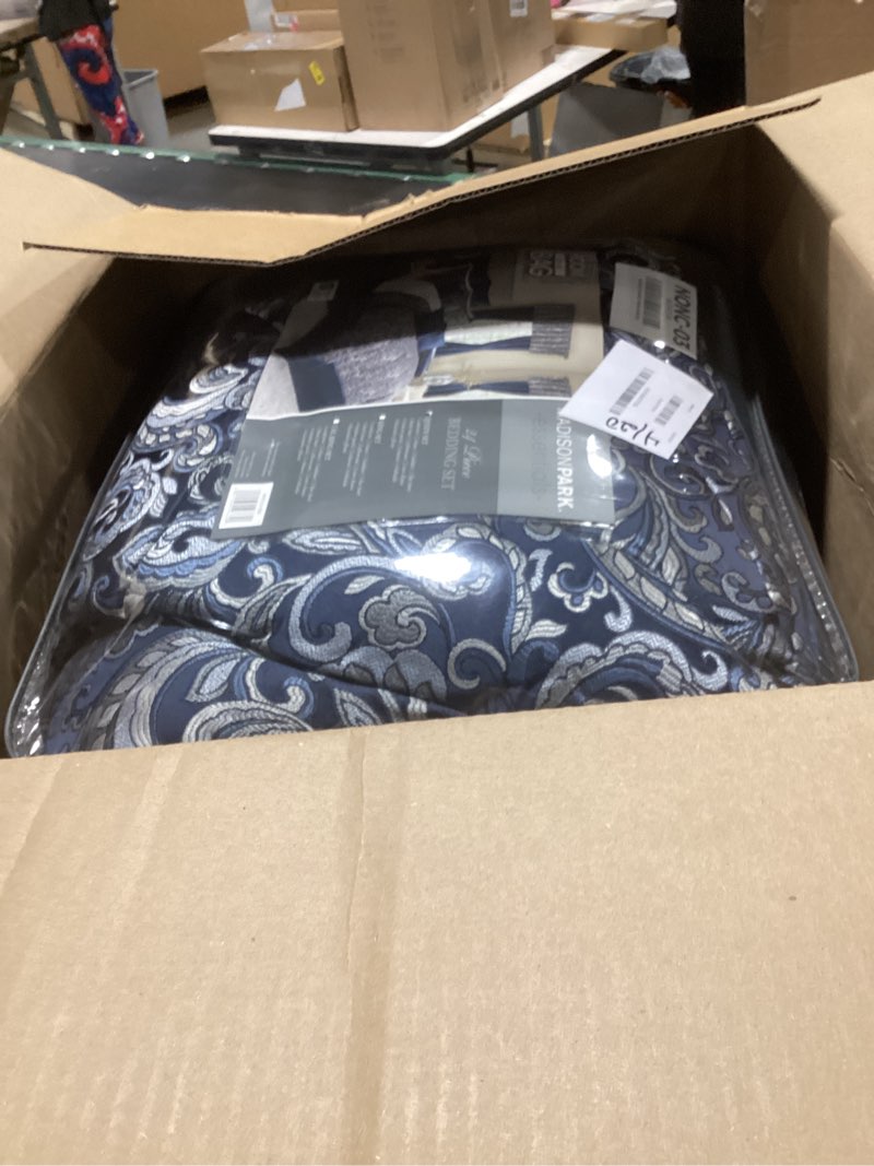 Condition photo showing Good Condition for madison park essentials brystol 24 piece room in a bag faux silk comforter jacquard paisley design matching curtains down alternative all season bedding-set, king(104 in x 92 in), navy 24 piece navy queen (90 in x 90 in) paisley