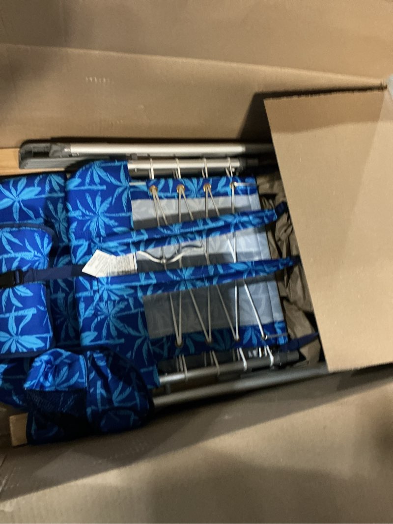 Condition photo showing New/Like New for tommy bahama hi-boy 17" seat height 4-position lace-up suspension folding beach backpack chair blue palms 2-pack