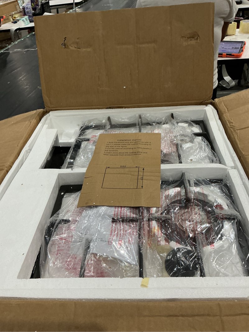 Condition photo showing As Is for gas stove top 24 inch, amzgachfktch built-in gas cooktop 4 burner, black tempered glass stove with ng/lpg conversion kit, kitchen propane cooktop with thermocouple protection