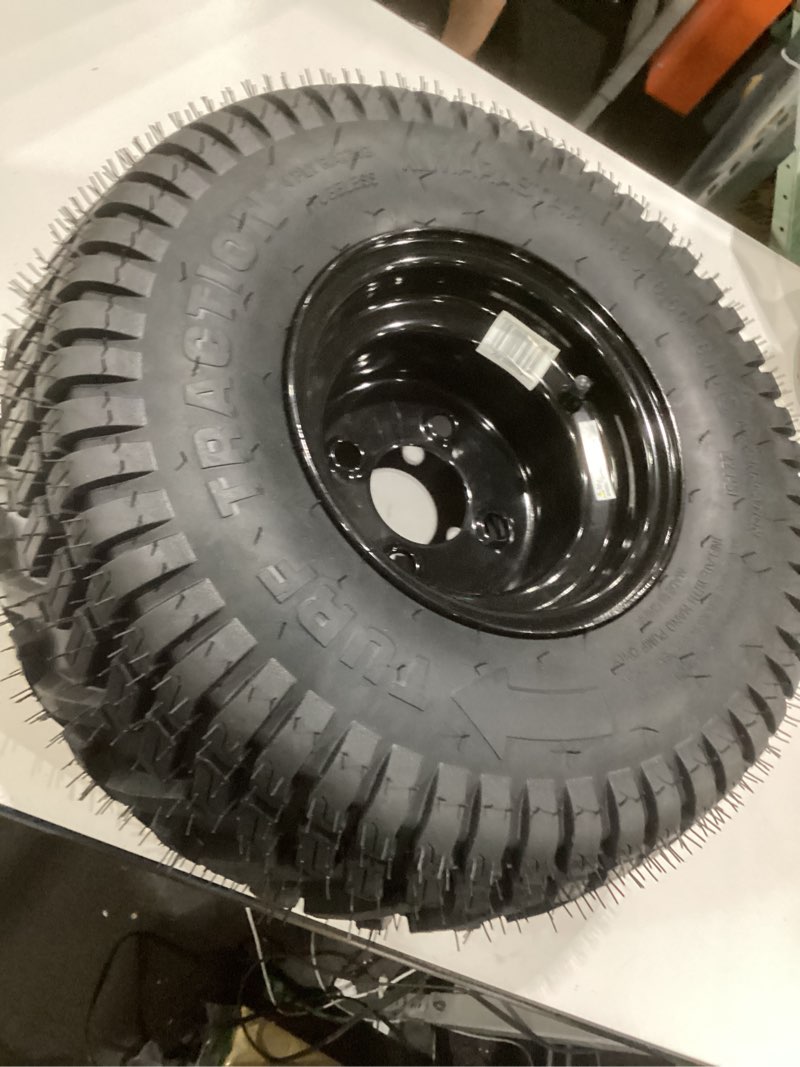 Condition photo showing As Is for marastar turf traction 18x8.50-8 tire and wheel assembly for golf carts, 4-bolt wheel, all-terrain - one tire missing in set