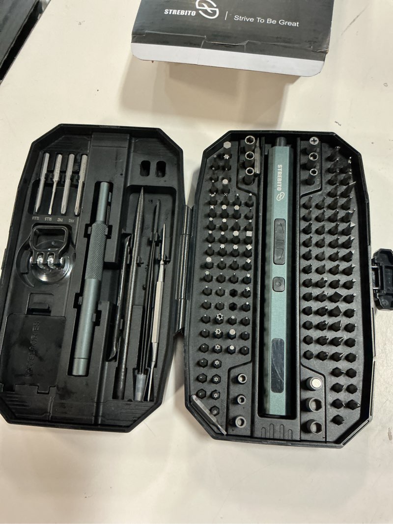 Condition photo showing Good Condition for strebito electric screwdriver 155 in 1 mini electric precision screwdriver set, 140 s2 steel magnetic bits, led light, 650mah, electronics repair tool kit for computer, pc, laptop, phone, rc (black) regular size black