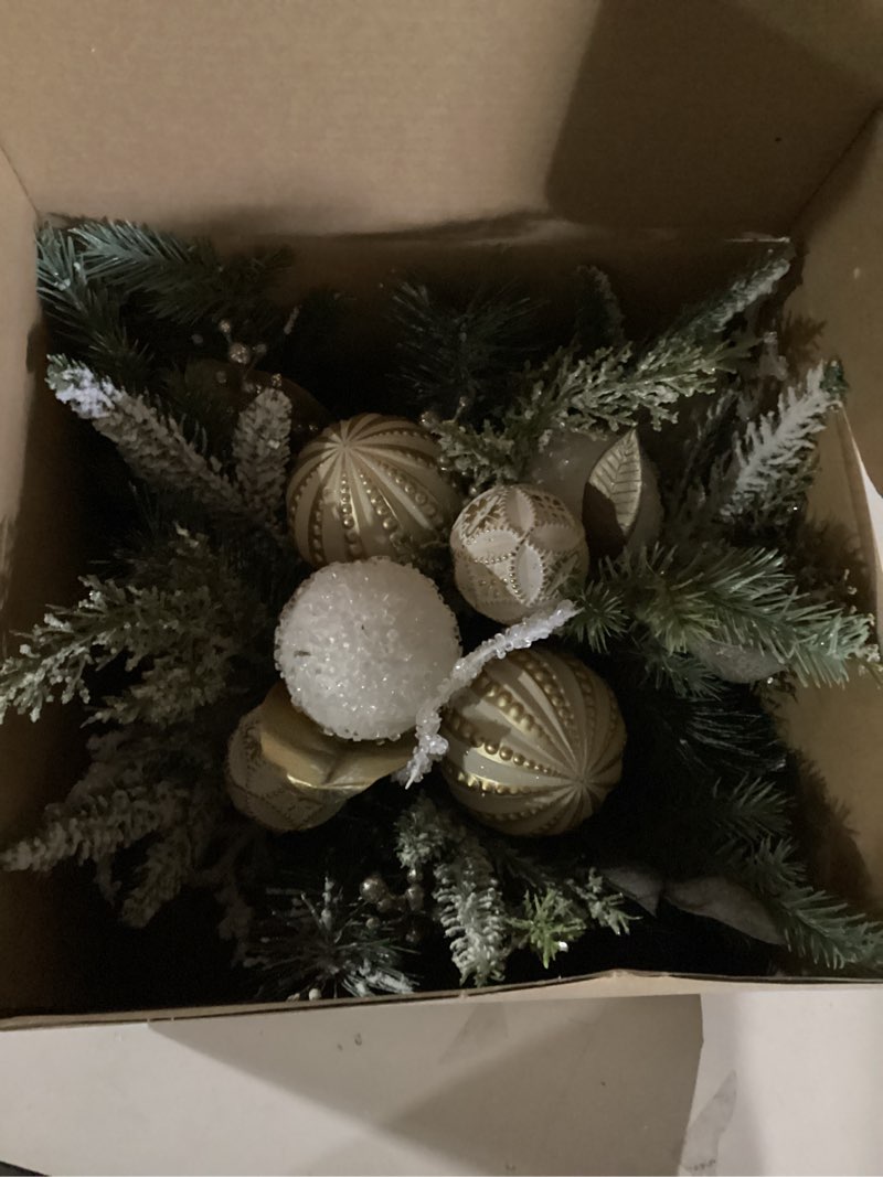 Condition photo showing Good Condition for Elegant White and Gold Christmas Floral Arrangement, Artificial Pine with Ornaments in Rustic Wood Box, Winter Holiday Centerpiece, 16x16x12 Inch
