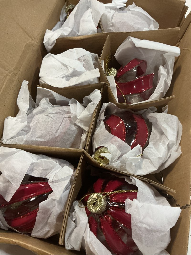Condition photo showing Good Condition for WDS WONDROUS Christmas Ball Ornaments Red - 8 PCS Striped Glass Christmas Ornaments Set, Vintage Rustic Xmas Balls for Tree Neutral Home Party Holiday Farmhouse Red and Clear Set of 8