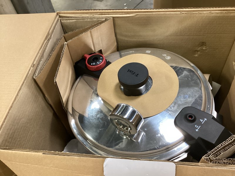 Condition photo showing Good Condition for T-fal 22-Quart Aluminum Pressure Canner, 3 PSI Settings, Home Canning, Includes Racks & Canning Guide, Large Capacity, Pressure & Water Bath Canning for Vegetables, Meats, Seafood & Fruits, Silver Pressure Canner 22 Quarts