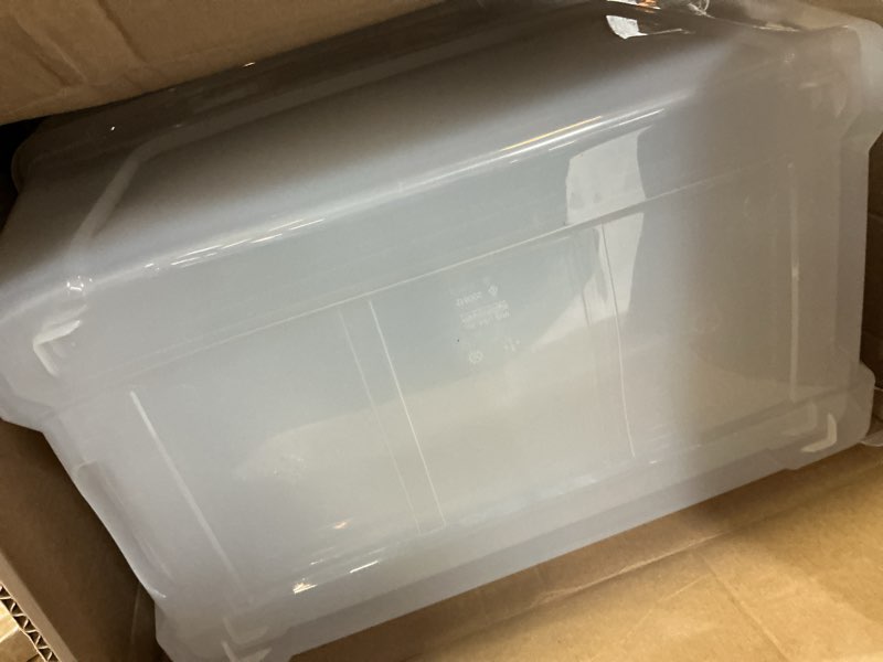 Condition photo showing Good Condition for iris usa 72 qt plastic storage box with lid and latches - 4 pack - bpa-free, see-through organizing solution, durable nestable stackable containers, secure pull handle - clear clear 72 qt 4 pack