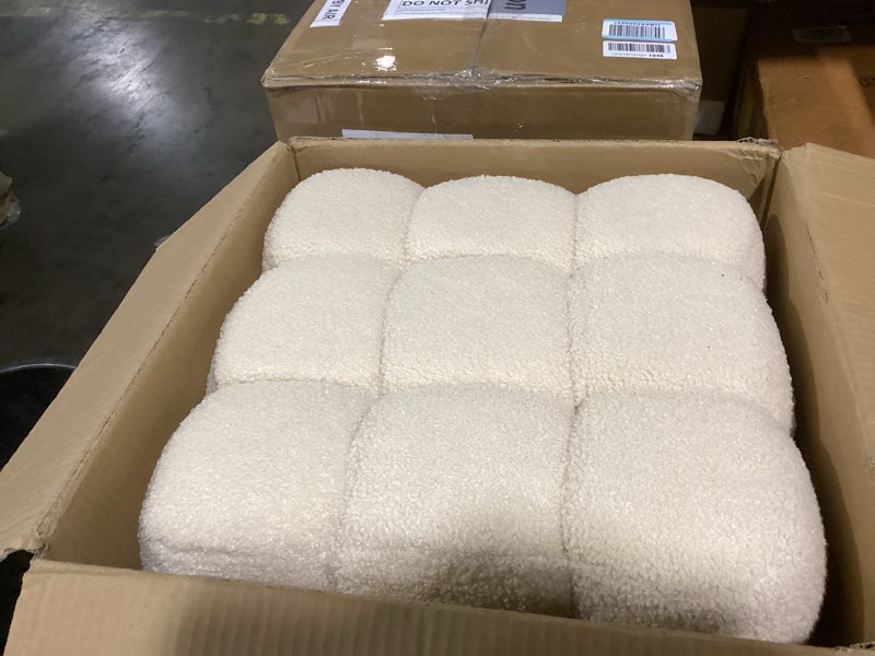 Condition photo showing Good Condition for 17''3 Square Ottoman Pouf Installed,Sturdy Wooden Frame,Capacity 330 lbs,Modern Sofa Stool Fuzzy Sherpa Footstool,Foot Rest,Cube Boucle,Vanity Stool,for Couch Living Room(Peach Fur)