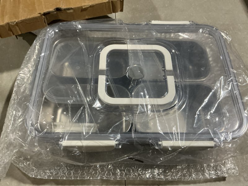 Condition photo showing Good Condition for snackle box container, 304 stainless steel divided serving tray with lid and handle, portable 4 compartments veggie tray for fruits,veggies,nuts &candy, dishwasher safe for travel,picnic,beach&parties clear 14" w-1pcs-4 compartments