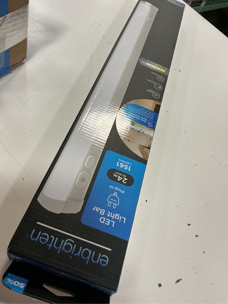 Condition photo showing New/Like New for enbrighten 24 inch plug-in under cabinet lights, 1560 lumens, five white settings from (2700k-6500k), full range dimmable, one-touch sync control, linkable under counter lights for kitchen 82786-t1 24 inch white