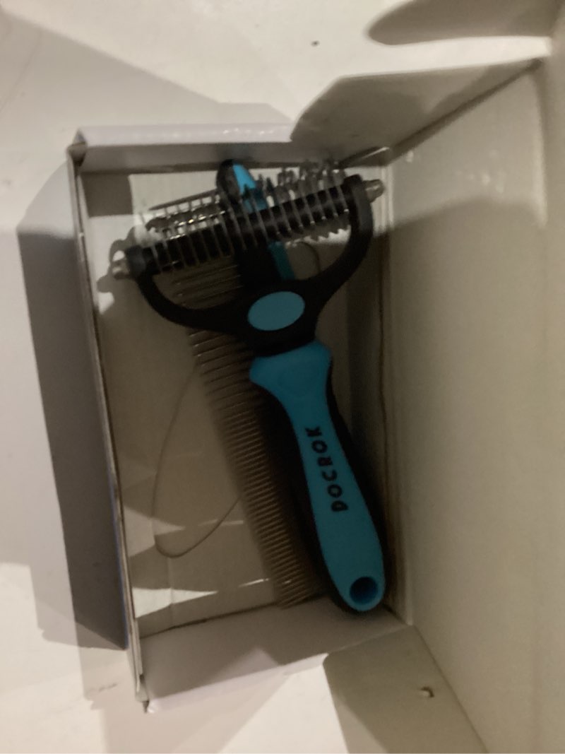 Condition photo showing As Is for docrok pet grooming combo - blue deshedding brush with metal comb for detangling and dematting long, matted fur on cats and dogs
