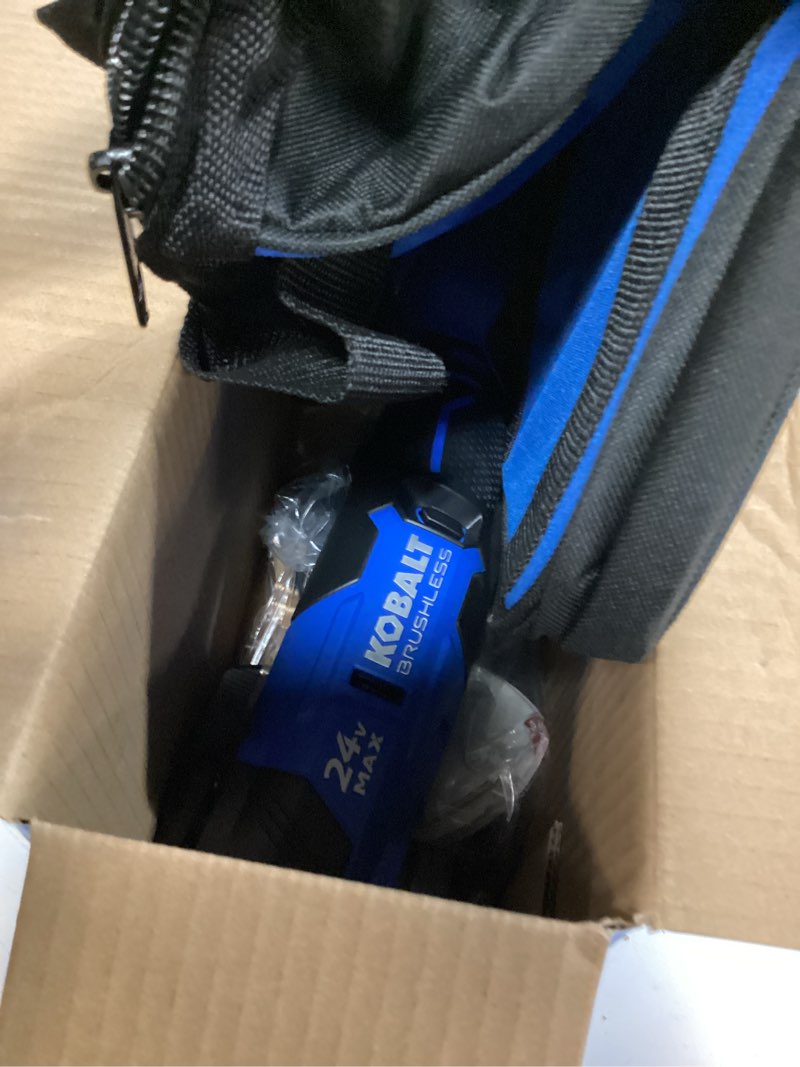 Condition photo showing As Is for kobalt 24-volt cordless brushless variable 17-piece oscillating multi-tool kit with soft case (included charger not included)