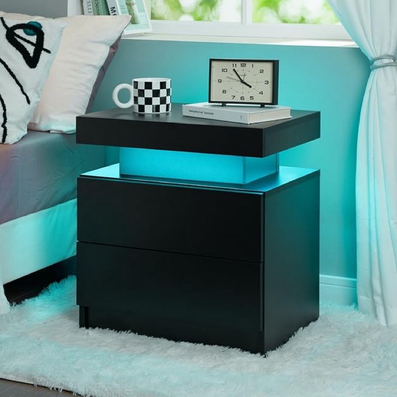Black Night Stand LED Nightstand with 2 Drawers Modern Bedside Tables for Bedroom, Living Room