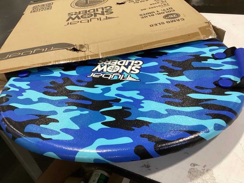 Condition photo showing Good Condition for Flybar Snow Sled for Kids - Foam Saucer Disc Sled, Ages 6+, Easy Grip Handles, Durable with Slick Bottom & PE Core Build, Lightweight Sleds for Kids, Snow Toys for Kids Outdoor, Up to 110 lbs, 26" Blue Camo