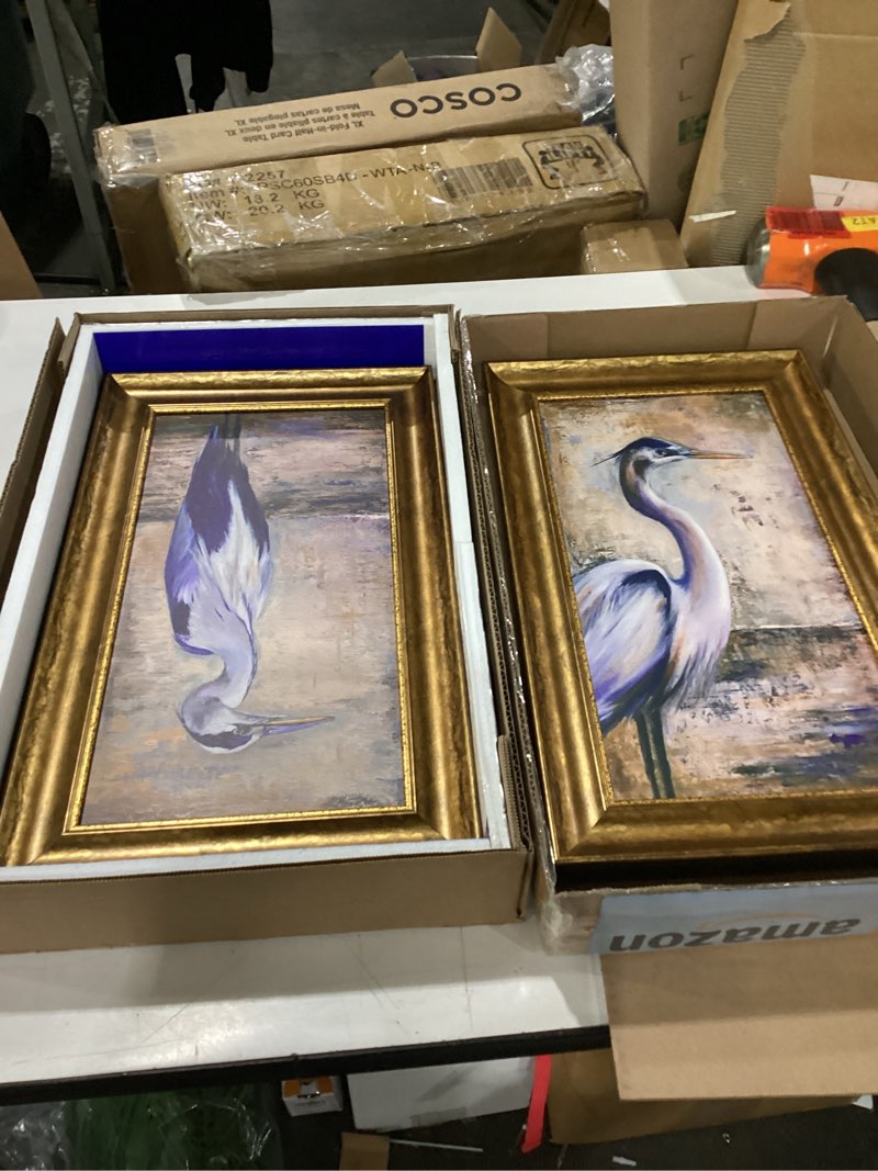 Condition photo showing Good Condition for large framed vintage bird wall art, 2 piece neutral blue heron canvas painting prints, minimalist farmhouse vertical coastal heron artwork for living room office kitchen hallway wall decor, 24x36 24" w x 36" h x 2pcs cool grey