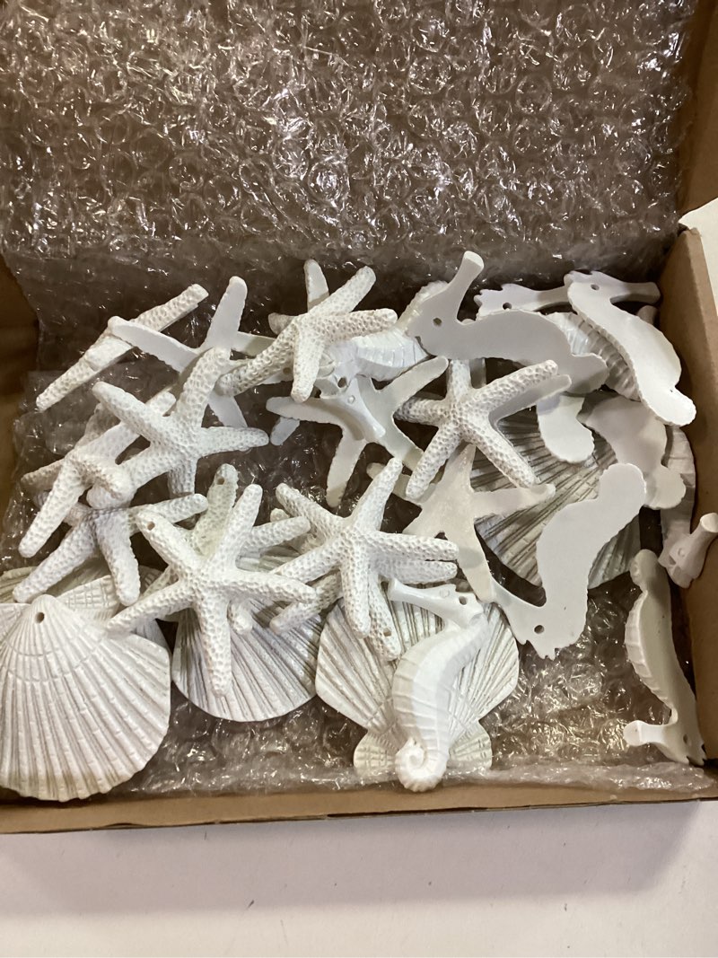 Condition photo showing As Is for 30 Pieces Resin Starfish Seahorse Sanddollar Conch & Seashells Set with Rope for Christmas Tree Hanging Ornaments Beach Theme Wedding Home Decor & DIY Crafts (White)
