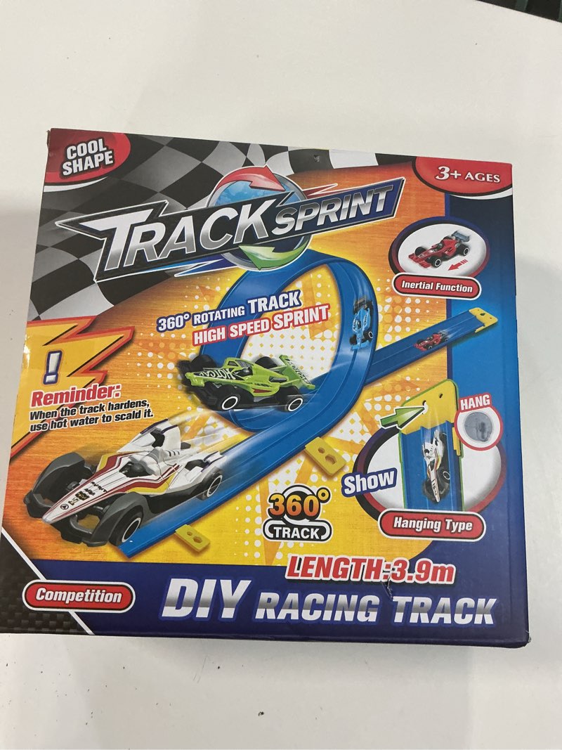 Condition photo showing New/Like New for 15 Ft Flexible Race Car Track, Portable Dual-Sided Race Car Track with 4 Cars & Suction Cups, Compatible with Hot Wheels & 1/64 Diecast Cars, Kids’ Car Ramp & Race Track (Blue L)
