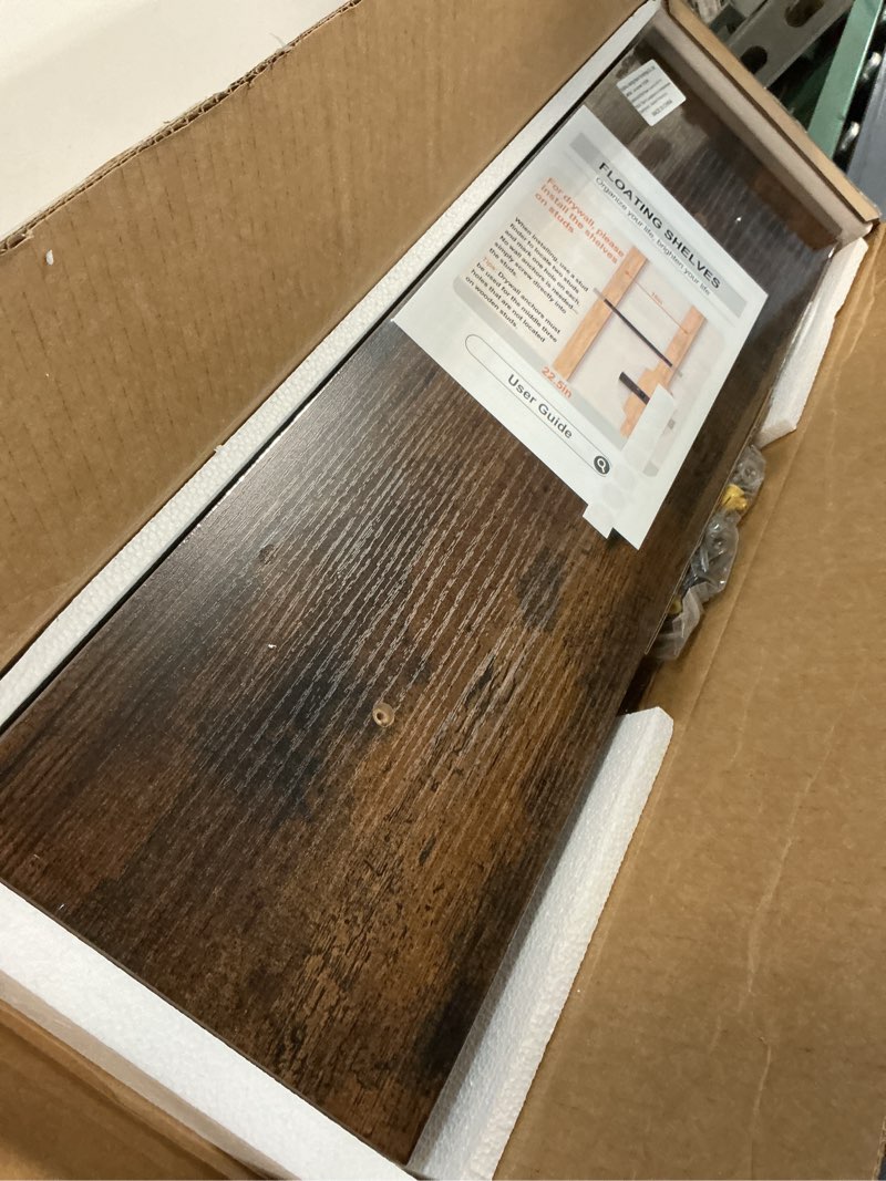 Condition photo showing New/Like New for bayka floating shelves set of 2, 22.5 inches farmhouse rustic wood wall mounted shelves for bathroom, bedroom, living room or kitchen, hanging shelf decor book with 22lbs capacity, rustic brown b. rustic brown - americana farmhouse style 22.5inches
