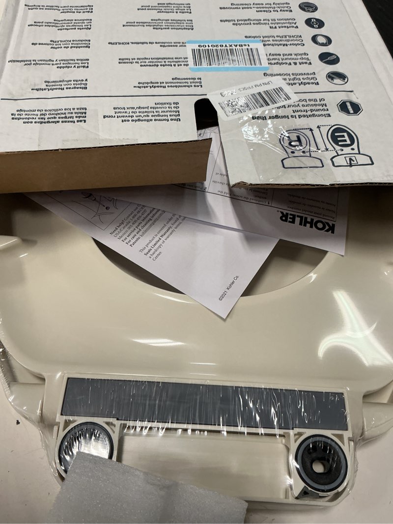 Condition photo showing Good Condition for kohler k-26801-96 impro readylatch quiet close elongated toilet seat, grip-tight bumpers, new home essentials, slam prevention, biscuit